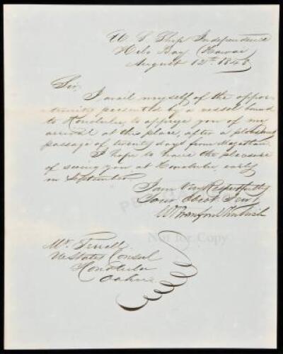 Autograph letter signed from Admiral Shubrick to Mr. Terrell of the U.S. Consul in Honolulu