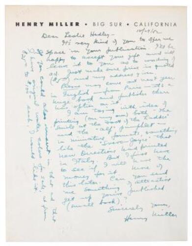 Manuscript letter, signed by Henry Miller