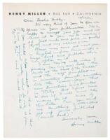 Manuscript letter, signed by Henry Miller