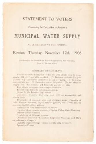 Statement to Voters concerning the Proposition to acquire a Municipal Water Supply, as submitted at the special election, Thursday, November 12th, 1908