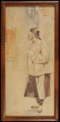 Original watercolor of a Chinese man, standing, holding an opium pipe