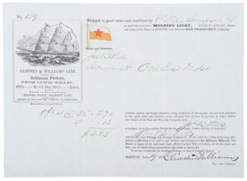 Bill of lading for One Case Mdse. shipped aboard the ship Morning Light of the Glidden & Williams Line of California Packets, by the Phillips Sampson Co.
