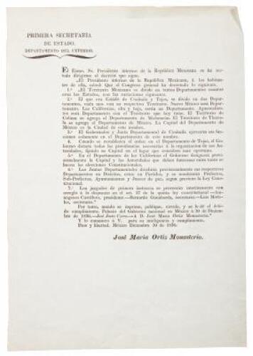 [Decree dividing Mexico into Departments, separating Coahuila from Texas, and authorizing the capital of Texas to be located by the central government]