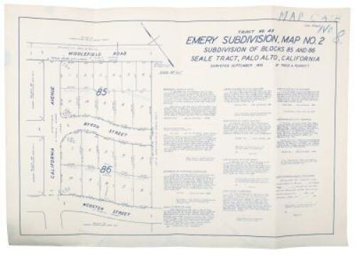 Tract No. 44 - Emery Subdivision, Map No. 2. Subdivision of Blocks 85 and 96 Seale Tract, Palo Alto, California. Surveyed September 1936 by Thelo A. Perrott