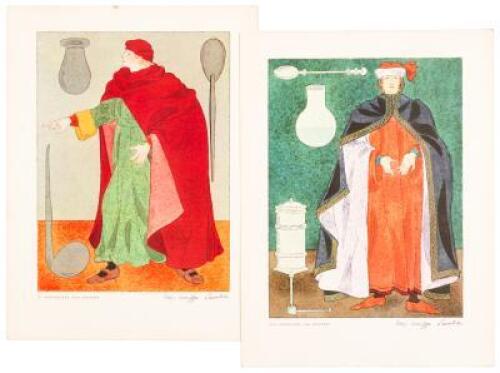 Two engravings, probably hand-colored, of a 16th Century Physician and 15th Century Apothecary