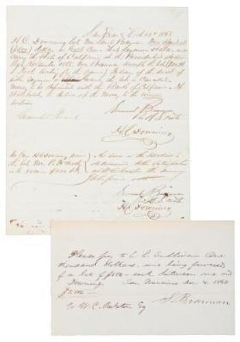 Two manuscript documents pertaining to a bet between Samuel Brannan and H.C. Downing on the outcome of the 1868 Presidential election, one of them signed by Brannan