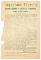 Importante Decreto. Departamento de Hacienda y Fomento. Ramo de Hacienda. Decreto No. 14. Francisco Villa, Gral. en Jefe de Operaciones del Ej&eacute;rcito Convencionista, a los habitantes de la Rep&uacute;blica, hago saber...
