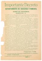 Importante Decreto. Departamento de Hacienda y Fomento. Ramo de Hacienda. Decreto No. 14. Francisco Villa, Gral. en Jefe de Operaciones del Ejército Convencionista, a los habitantes de la República, hago saber...