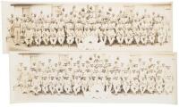 Two panoramic photographs of about 60 members of a marching band in an African American regiment in the U.S. Army, with their Buffalo emblem on the bass drum at the front