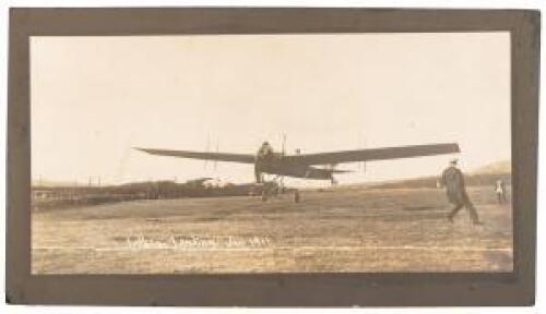 Original photograph of French aviation pioneer Hubert Latham landing his Antoinette VII monoplane, likely at Tanforan Field in San Bruno, south of San Francisco