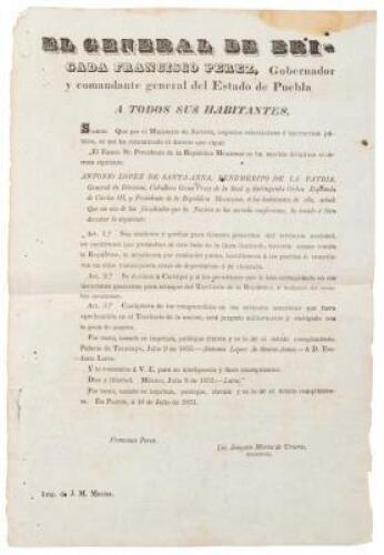 Broadside proclamation (bando) regarding the incursion into Mexico of filibusters from the U.S. associated with Jos&eacute; Maria Carbajal (or Carvajal)