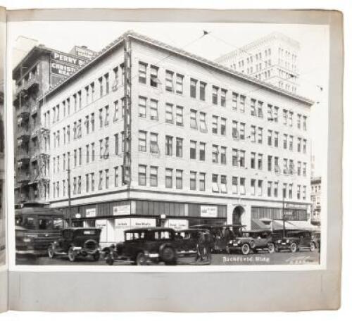 Realtor's album of photographs of Oakland buildings, c.1927, a number stating the rise in value over the preceding decade