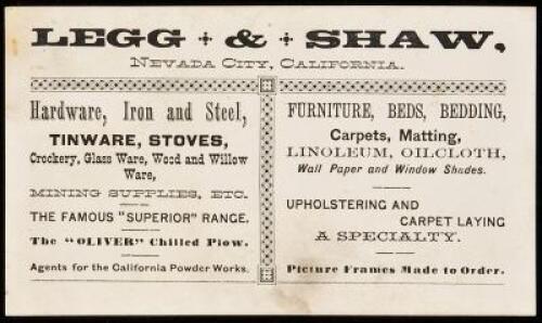 Trade card for Legg & Shaw, purveyors of hardware and general goods in Nevada City, California, with a manuscript receipt on the verso