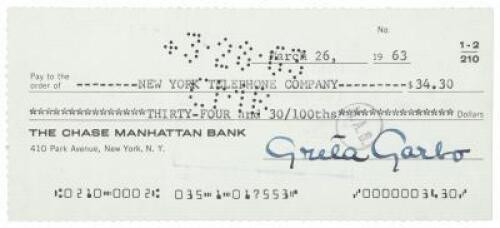 Check signed by Greta Garbo, made out to the New York Telephone Company for $34.30
