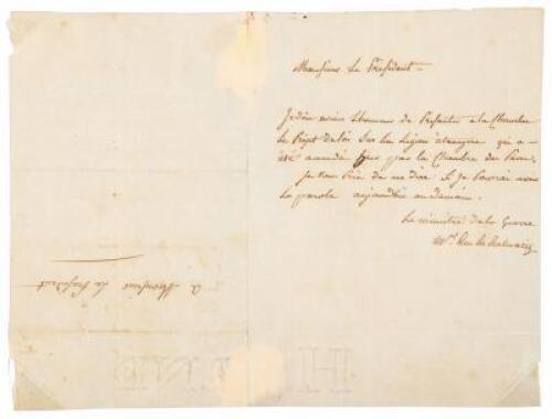 Letter from Marshal General Jean-de-Dieu Soult to the president of the French Chamber of Deputies, about the establishment of the French Foreign Legion