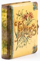 Yellow Celluloid Album Edged in Blue with Inlaid Mother-of-Pearl "Photos" with Ornate Brass Clasp