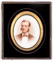 Opalotype (Milk Glass) portrait of young gentleman sporting stylish sideburns housed in a glass and paper-backed frame