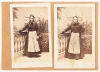 Two Portraits of German Women Posing With Large Basket and Tub