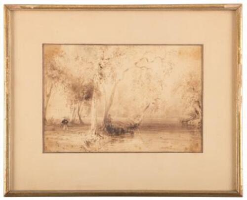 Original drawing of two men on a river bank, apparently fishing
