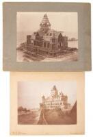 Two photographs, of the "Victorian Chateau" Cliff House under construction, and of what appears to be an artist's rendering what it will look like when completed