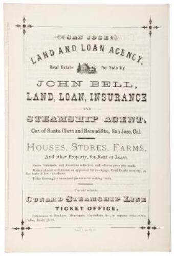 San Jose Land and Loan Agency. Real Estate for Sale by John Bell, Land, Loan, Insurance and Steamship Agent.