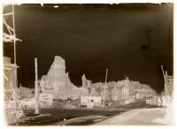 Glass plate negative picturing a Coca-Cola stand amid the wreckage of the 1906 San Francisco Earthquake and Fire