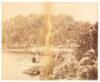 Mammoth plate albumen photograph of Stow Lake in San Francisco's Golden Gate Park, with boaters on the lake, Huntington Falls in the background