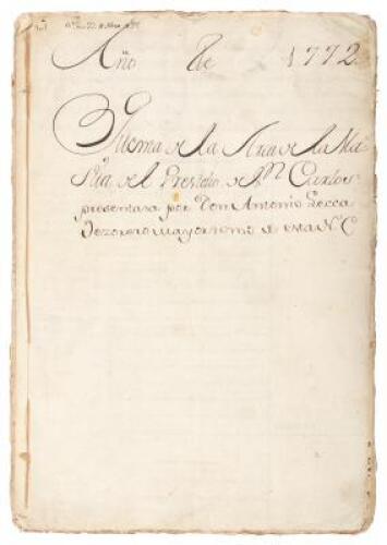 Año de 1772. Cuenta De La Arca De La Masita Del Presidio de San Carlos. [Account of the Clothing Fund of the Prison of San Carlos] Presentada Por Don Antonio Lecca, Tezorero Mayordome...