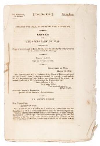 Country for Indians West of the Mississippi. Letter from the Secretary of War, Transmitting a copy of a report made by Isaac McCoy, upon the subject of the country reserved for the Indians west of the Mississippi