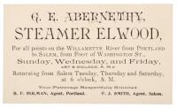 G. E. Abernethy, Steamer Elwood, For all points on the Willamette River from Portland to Salem, from Foot of Washington St