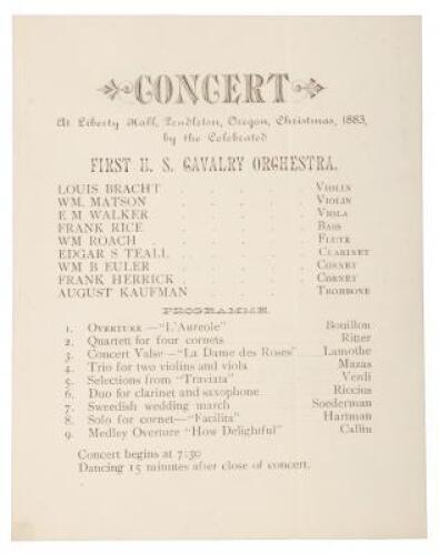 Concert At Liberty Hall, Pendleton, Oregon, Christmas, 1883 by the Celebrated First U. S. Cavalry Orchestra