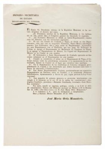 [Decree dividing Mexico into Departments, separating Coahuila from Texas, and authorizing the capital of Texas to be located by the central government]