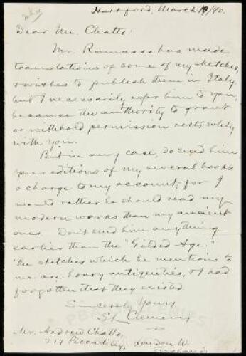 Autograph Letter Signed by Mark Twain as S[amuel] L[anghorne] Clemens, to his English publisher