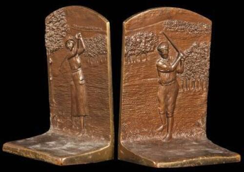 Pair of bronze bookends - coed pair of golfers, one on each bookend