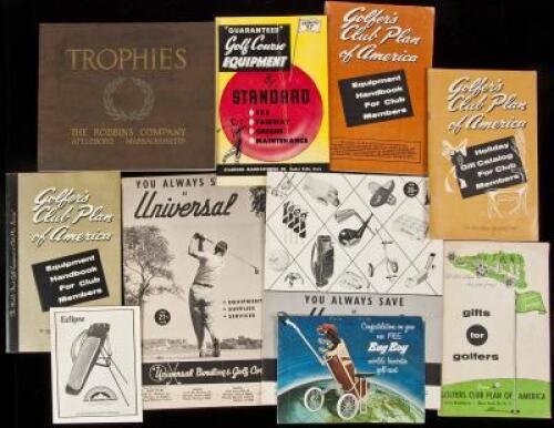 Collection of catalogues for miscellaneous golf equipment including golf trophies, golf scorers, golf balls, and bags