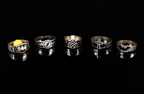 Lot of Ten DC Character Rings: Five Sterling Silver and Five Limited Edition Green Lantern Versions