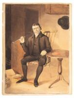 Watercolor on thin board of Dr. Joseph Hinchcliffe, Sr., seated in a chair next to a round table, smoking a long-stemmed clay pipe