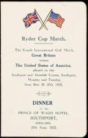 Ryder Cup Match. The Fourth International Golf Match. Great Britain versus The United States of America, played on the Southport and Ainsdale Course, Southport, Monday and Tuesday, June 26th & 27th, 1933. Dinner at the Prince of Wales Hotel, Southport, En