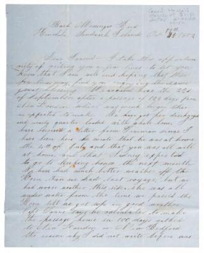 Letter written from Hawaii when in port and loading whale bone to transport back to the United States