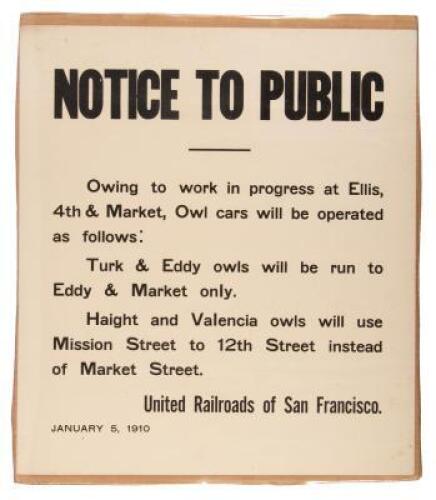 Broadside notice that nighttime streetcar service in San Francisco will be interrupted due to work in progress