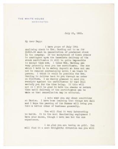 Typed Letter Signed by Warren G. Harding on White House stationery, to O.S. Rapp of The Prendergast Company