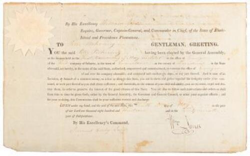 Document signed by William James as Governor of the State of Rhode Island, commission an ensign in the infantry