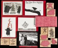 Collection of Edward Gorey collectibles including rubber stamps, calendars, stickers and post cards