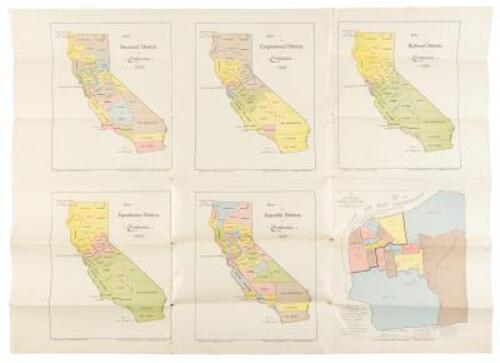Sheet with six color maps, one of San Francisco, the others of California, showing electoral districts
