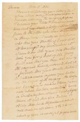 Autograph Letter Signed from a wealthy Kentucky patrician to a freed slave about proving his emancipation