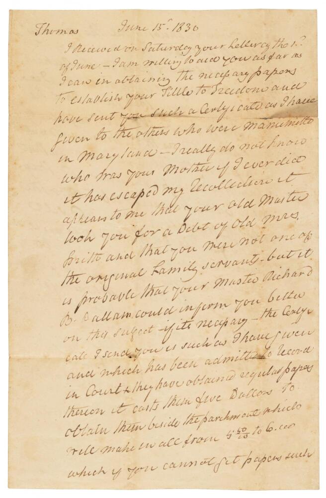 Autograph Letter Signed from a wealthy Kentucky patrician to a freed