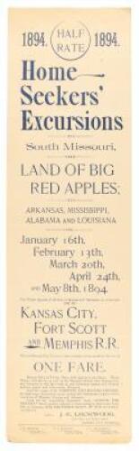 Kansas City, Fort Scott and Memphis R.R. 1894. Half Rate. 1894. Home Seekers' Excursions to South Missouri, the Land of Big Red Apples