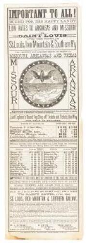 Important to All! Bound for the Happy Lands! Low Rates to Arkansas and Missouri via Saint Louis over the Popular St. Louis, Iron Mountain & Southern R'y