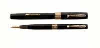 No. 52 Black Celluloid Fountain Pen and Propelling Pencil Pair, 9K Gold Bands, in Etui