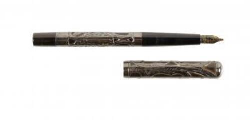 No. 414 Black Hard Rubber Fountain Pen, Sterling Silver Overlay